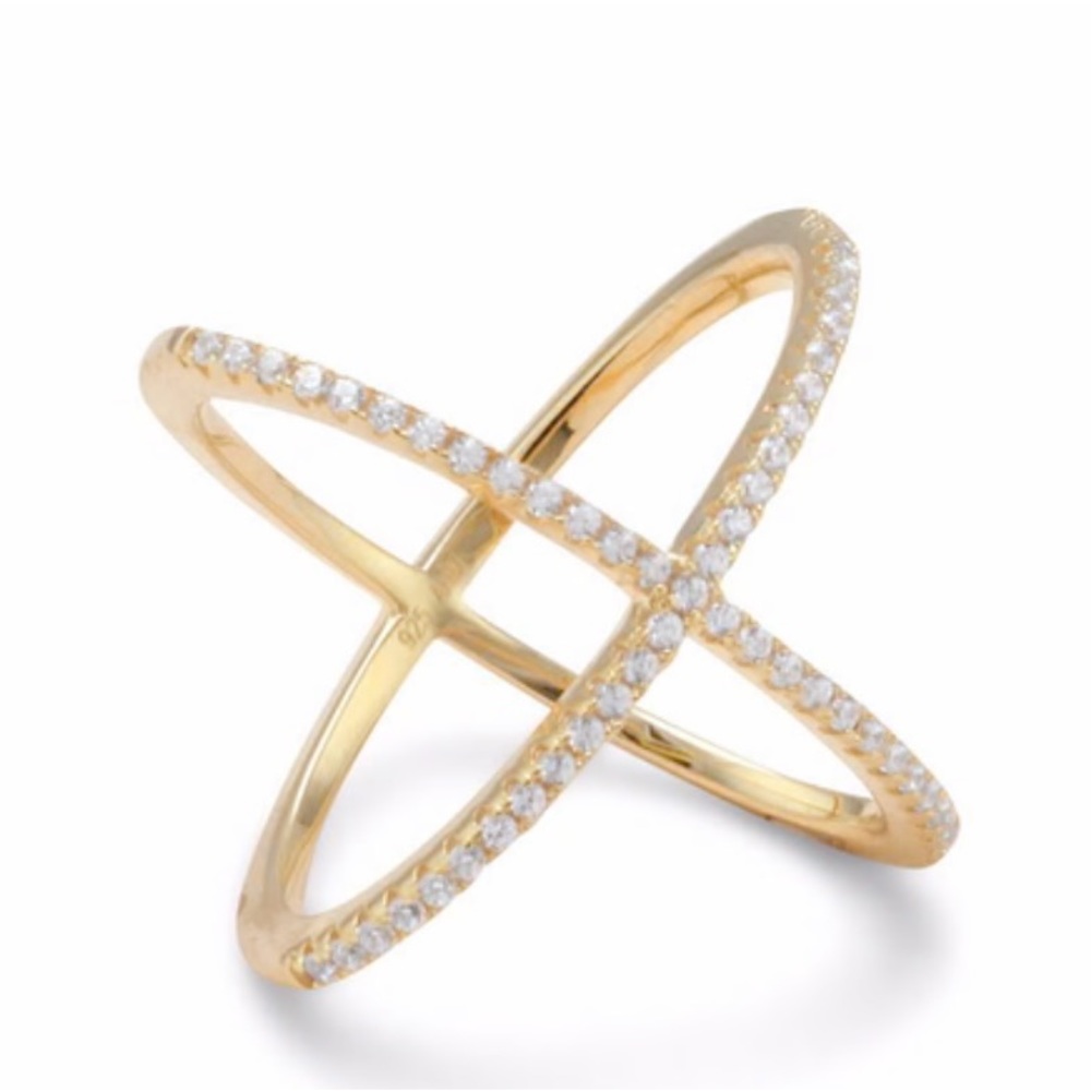 Sterling Silver plated 18kt gold crisscross ring adorned with cubic zirconias
